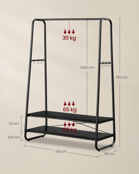Rootz Clothing Rack - Wardrobe Stand - Garment Organizer - Chipboard & Steel - 45cm x 100cm x 160cm - Ebony Black Finish - 13.3kg
