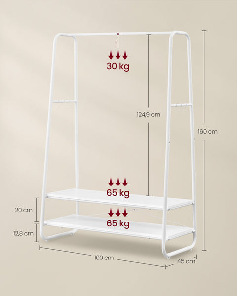 Rootz Clothes Rack - Garment Organiser - 2 Tier Clothing Stand - Chipboard and Steel - 45cm x 100cm x 160cm - Cloud White-Matte White