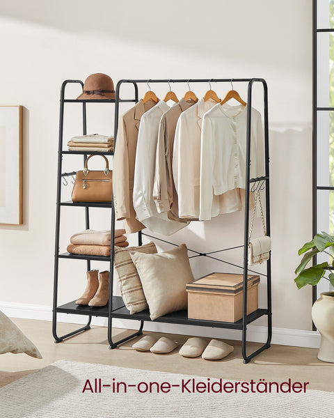 Rootz Ebony Black-Matte Black Clothes Rack - Garment Stand - Steel Frame - Chipboard Shelves - 45cm x 120cm x 160cm - Heavy Duty - 220kg Capacity