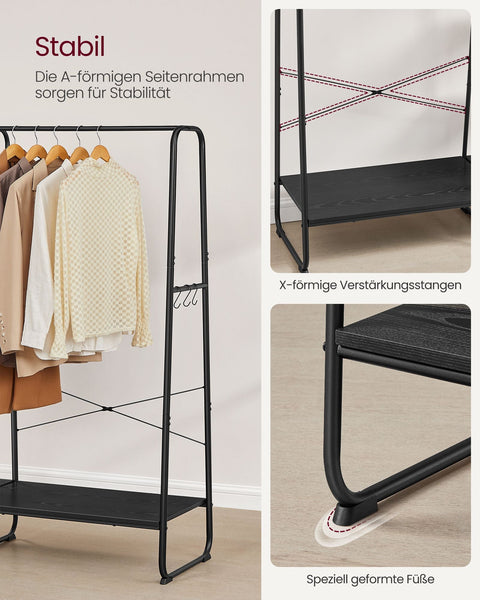 Rootz Ebony Black-Matte Black Clothes Rack - Garment Stand - Steel Frame - Chipboard Shelves - 45cm x 120cm x 160cm - Heavy Duty - 220kg Capacity
