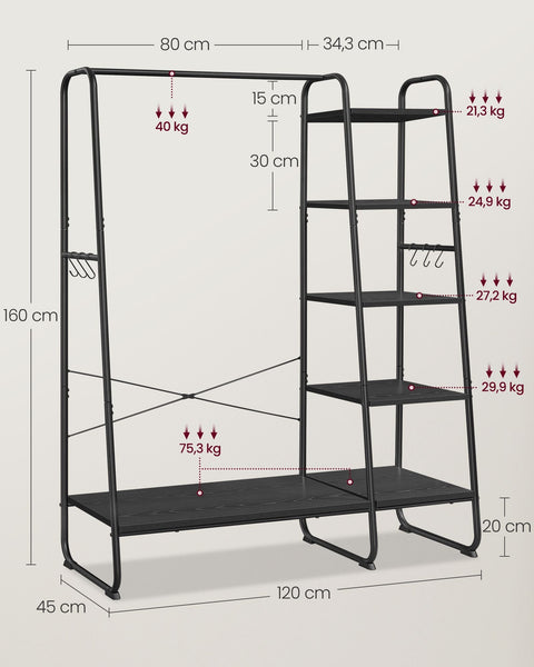 Rootz Ebony Black-Matte Black Clothes Rack - Garment Stand - Steel Frame - Chipboard Shelves - 45cm x 120cm x 160cm - Heavy Duty - 220kg Capacity