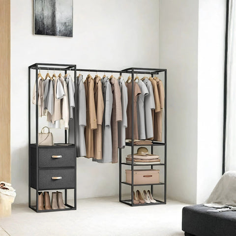 Rootz Open Wardrobe - Clothes Organizer - Storage Cabinet - Steel & MDF - Black - 40cm x 150-180cm x 180cm