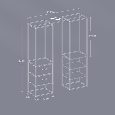 Rootz Open Wardrobe - Clothes Organizer - Storage Cabinet - Steel & MDF - Black - 40cm x 150-180cm x 180cm