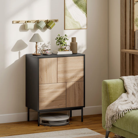 Rootz Sideboard Cabinet - Storage Cupboard, Buffet Console - Push-to-Open, Easy Access, Sturdy Metal Legs - Black & Natural Wood - 60x35x78 cm