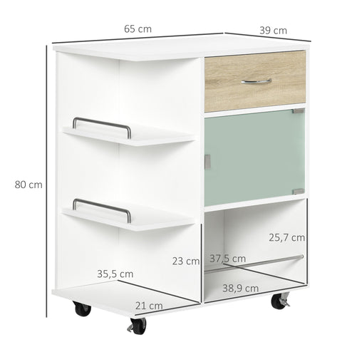 Rootz Kitchen Island Cart - Serving Cart - Mobile Kitchen Shelves - 360° Swivel Wheels - 65cm x 39cm x 80cm - White