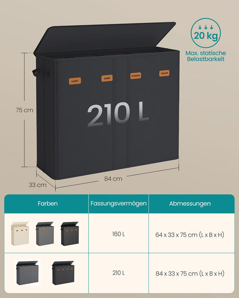 Rootz Washing Basket - Laundry Hamper - Storage Bin - Durable Oxford Fabric - 84 x 33 x 75 cm