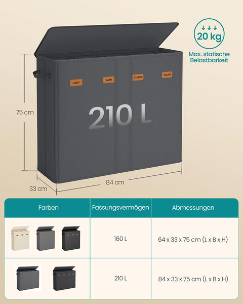 Rootz Laundry Basket - Clothes Hamper - Storage Bin - Oxford Fabric - Durable and Lightweight - 84cm x 33cm x 75cm