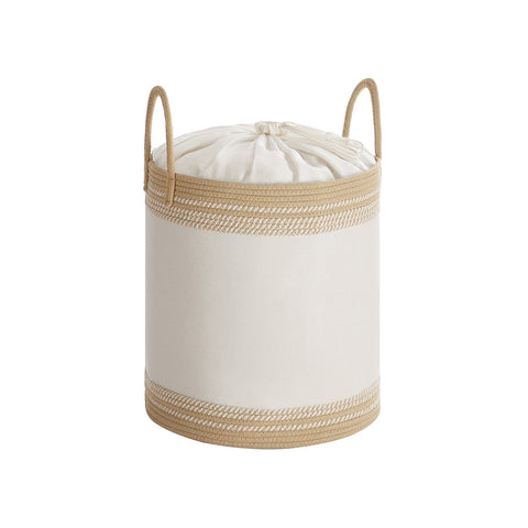 Rootz 60L Laundry Basket - Washing Hamper - Storage Bin - White and Brown - Polyester Cotton - 41x41x46cm