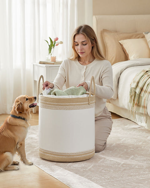 Rootz 60L Laundry Basket - Washing Hamper - Storage Bin - White and Brown - Polyester Cotton - 41x41x46cm