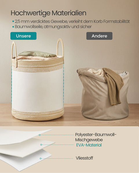 Rootz 60L Laundry Basket - Washing Hamper - Storage Bin - White and Brown - Polyester Cotton - 41x41x46cm