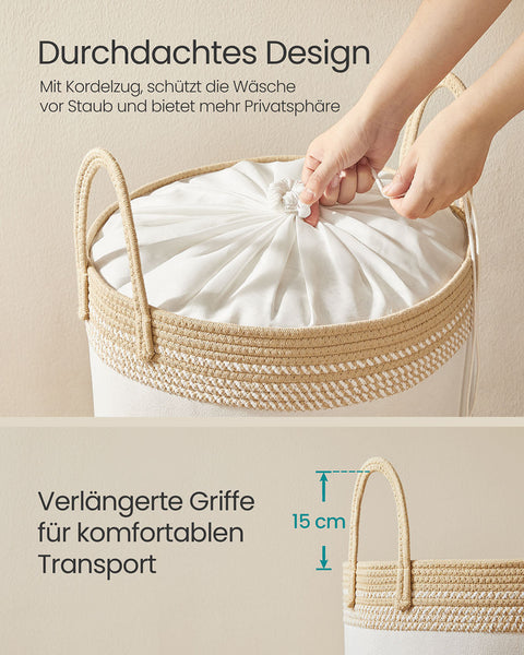 Rootz 60L Laundry Basket - Washing Hamper - Storage Bin - White and Brown - Polyester Cotton - 41x41x46cm
