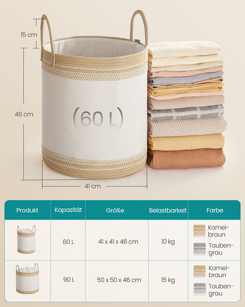 Rootz 60L Laundry Basket - Washing Hamper - Storage Bin - White and Brown - Polyester Cotton - 41x41x46cm