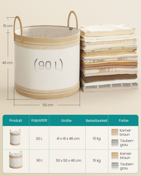 Rootz 90L Law Basket - Laundry Storage - Hampers - Lid & Grip - 50 x 50 x 46 cm - Polyester Cotton Mix - Camel Brown
