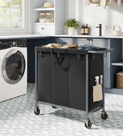 Rootz Laundry Basket 3 Compartment 200L - Hamper with Wheels - Organizer Bin - Oxford Fabric - 91cm x 39cm x 81cm