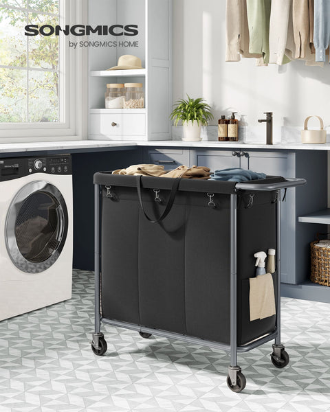 Rootz Laundry Basket on Wheels - Rolling Hamper - Portable Storage - Steel Frame - 91cm x 39cm x 81cm - Ink Black - 600D Oxford Fabric - Lightweight - Easy Assembly - Convenient Storage Solution