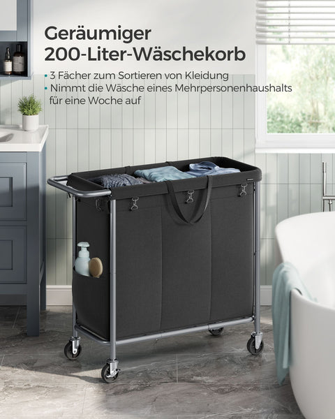 Rootz Laundry Basket 3 Compartment 200L - Hamper with Wheels - Organizer Bin - Oxford Fabric - 91cm x 39cm x 81cm