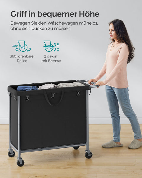 Rootz Laundry Basket 3 Compartment 200L - Hamper with Wheels - Organizer Bin - Oxford Fabric - 91cm x 39cm x 81cm