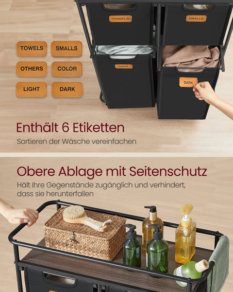 Rootz Laundry Sorter with Wheels - Washing Trolley - Rolling Laundry Organizer - 4 Removable Pockets - 72.4cm x 33cm x 109.1cm