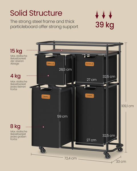 Rootz Laundry Sorter with Wheels - Washing Trolley - Rolling Laundry Organizer - 4 Removable Pockets - 72.4cm x 33cm x 109.1cm