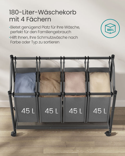 Rootz 4 Bag Laundry Sorter - Slate Grey - Heavy-Duty Metal Frame - Polyester Laundry Bags - Spacious - 105 x 38.5 x 81 cm