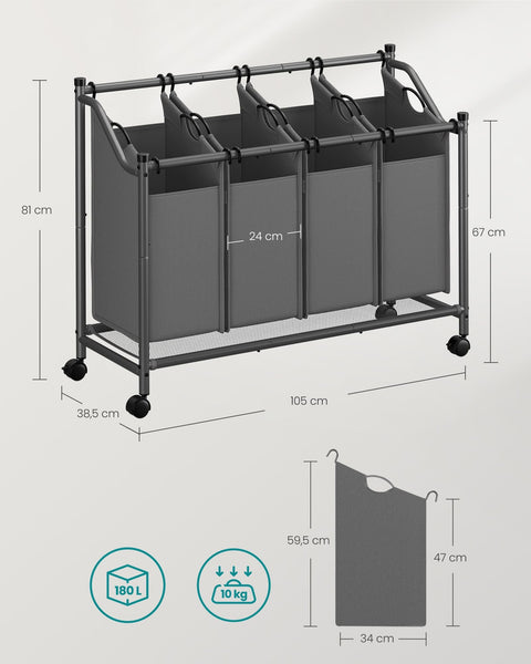 Rootz 4 Bag Laundry Sorter - Slate Grey - Heavy-Duty Metal Frame - Polyester Laundry Bags - Spacious - 105 x 38.5 x 81 cm