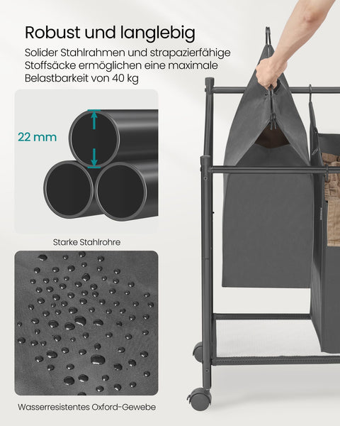Rootz 4 Bag Laundry Sorter - Slate Grey - Heavy-Duty Metal Frame - Polyester Laundry Bags - Spacious - 105 x 38.5 x 81 cm