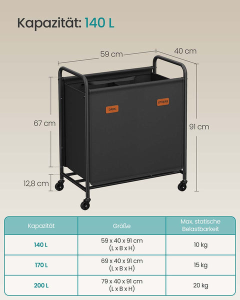 Rootz Laundry Basket - Hamper - Clothes Sorter - 2 Compartments - Rolling - 140L Capacity - 59cm x 40cm x 91cm
