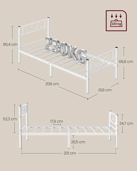 Rootz Metal Bed Frame - Simple Assembly - Sturdy Bed - Powder-Coated Metal - Matt White Finish - 208cm x 91.8cm x 86.4cm