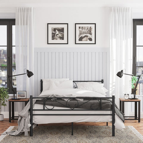 Rootz Metal Bed Frame - Sturdy Bed - Durable Bedstead - Powder-Coated Frame - Charming Design - Easy Assembly - Anti-Slip Pads - Black - 198cm x 141.8cm x 86.4cm