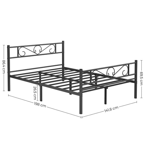 Rootz Metal Bed Frame - Sturdy Bed - Durable Bedstead - Powder-Coated Frame - Charming Design - Easy Assembly - Anti-Slip Pads - Black - 198cm x 141.8cm x 86.4cm
