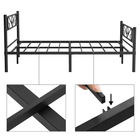 Rootz Metal Bed Frame - Sturdy Bed - Durable Bedstead - Powder-Coated Frame - Charming Design - Easy Assembly - Anti-Slip Pads - Black - 198cm x 141.8cm x 86.4cm