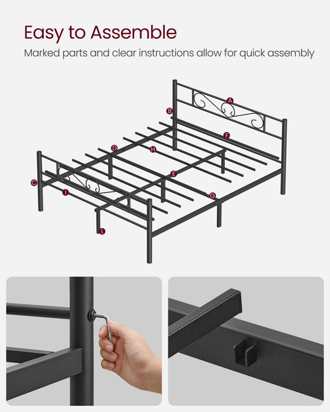 Rootz Black Metal Bed Frame - Powder-coated Bedstead - Sturdy Frame - Easy Assembly - 207.6cm x 161.8cm x 86cm - 23.5kg - 400kg Capacity