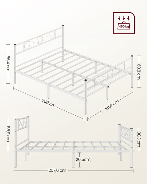 Rootz White Metal Bed Frame - King Size Bed - Powder Coated Frame - Heavy Duty - 207.6cm x 161.8cm x 86.4cm