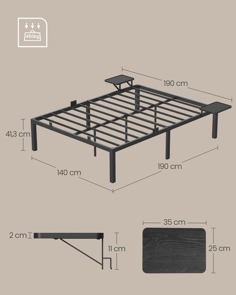 Rootz Classic Black Bed Frame - Metal Frame - Powder-coated - 190cm x 140cm x 41.3cm - High Weight Capacity - Assembly Required