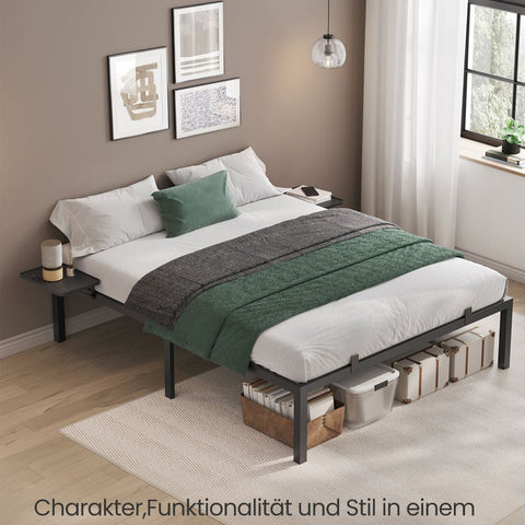 Rootz Powder-coated Metal Bed Frame - Classic Black - Sturdy Cot - Large Size - 190cm x 140cm x 41.3cm - Max. 450kg Capacity