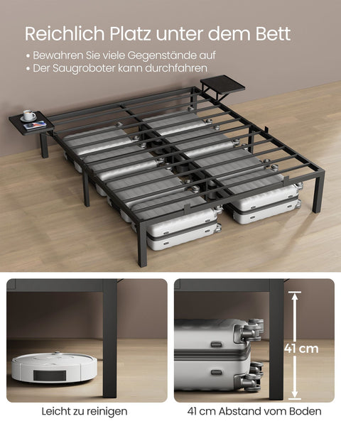 Rootz Powder-coated Metal Bed Frame - Classic Black - Sturdy Cot - Large Size - 190cm x 140cm x 41.3cm - Max. 450kg Capacity