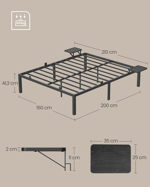 Rootz Powder-coated Metal Bed Frame - Classic Black - Sturdy Cot - Large Size - 190cm x 140cm x 41.3cm - Max. 450kg Capacity