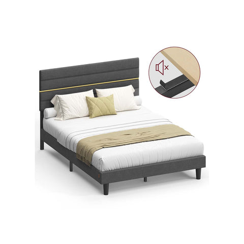 Rootz Grey Fabric Bed Frame - Linen Imitation - Steel Frame - Durable Support - 202 cm x 140 cm x 110/116.5 cm