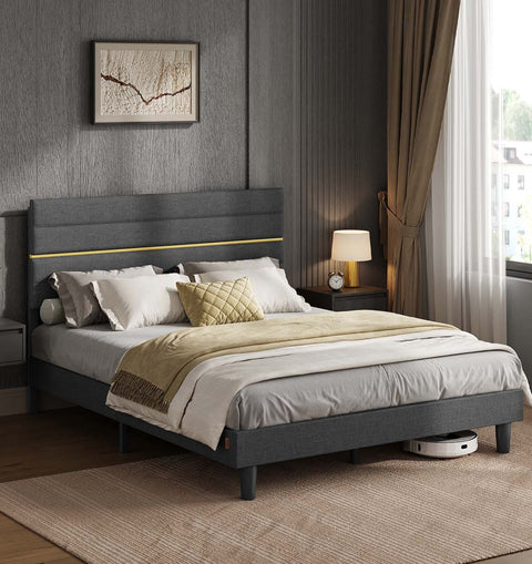 Rootz Slate Gray Bed Frame - Linen Imitation - Steel Construction - Sturdy Support - 202cm x 146cm x 110/116.5cm