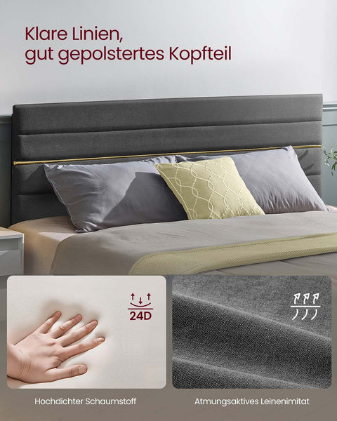 Rootz Slate Gray Bed Frame - Linen Imitation - Steel Construction - Sturdy Support - 202cm x 146cm x 110/116.5cm