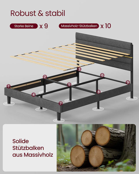 Rootz Slate Gray Bed Frame - Linen Imitation - Steel Construction - Sturdy Support - 202cm x 146cm x 110/116.5cm