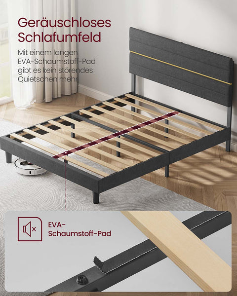 Rootz Slate Gray Bed Frame - Linen Imitation - Steel Construction - Sturdy Support - 202cm x 146cm x 110/116.5cm