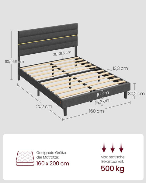 Rootz Slate Gray Bed Frame - Linen Imitation - Steel Construction - Sturdy Support - 202cm x 146cm x 110/116.5cm