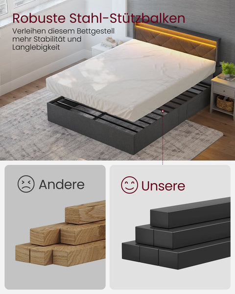 Rootz Bed with Charging Station -  Grey- Black - Steel Frame - Max Support - 200cm x 140cm x 94.2cm