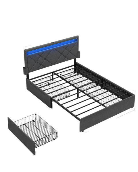 Rootz Bed with Charging Station -  Grey- Black - Steel Frame - Max Support - 200cm x 140cm x 94.2cm
