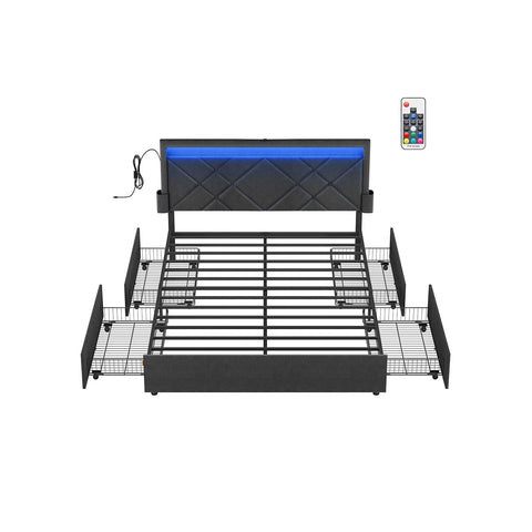 Rootz Grey Bed Frame - Linenimity Steel Bed - Storage Drawers - Max Resilience 455kg - 211.2 x 146 x 94.2 cm