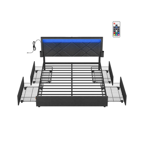 Rootz Double Bed Frame - LED Bed Frame - Storage Bed Frame - Integrated Charging Station - 210 x 167 x 88.3 cm - Slate Gray/Matt Black