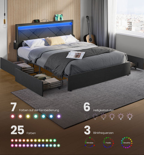 Rootz Double Bed Frame - LED Bed Frame - Storage Bed Frame - Integrated Charging Station - 210 x 167 x 88.3 cm - Slate Gray/Matt Black