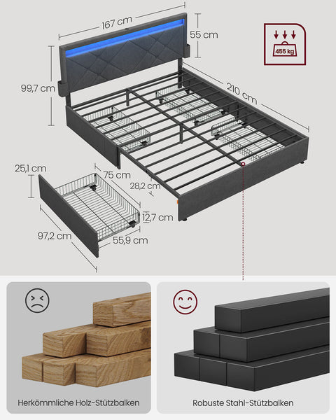 Rootz Double Bed Frame - LED Bed Frame - Storage Bed Frame - Integrated Charging Station - 210 x 167 x 88.3 cm - Slate Gray/Matt Black