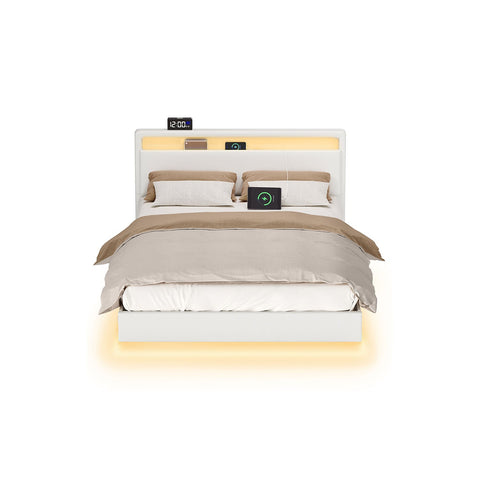 Rootz Bed Frame with LED Lighting - Illuminated Bed - Charging Station Bed - Cloud White Steel PU Leather - 213cm x 147cm x 90cm
